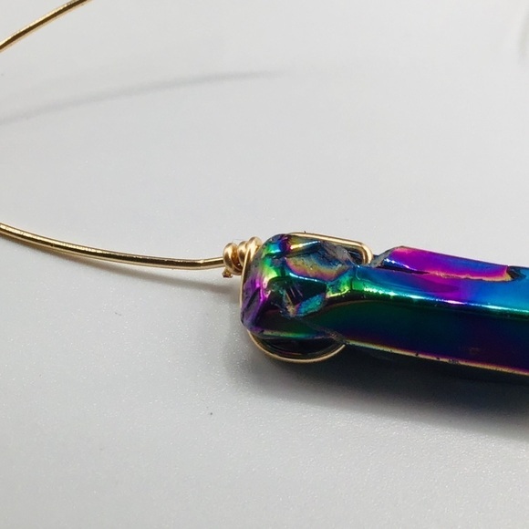 GEM Earrings Quartz Crystal Points Titanium Oil Slick Coating Ear Wire Boho - Picture 4 of 7